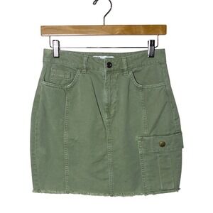 ZARA Small Sage Green Cotton Denim Mini Skirt Raw Hem Cargo Frayed Festival